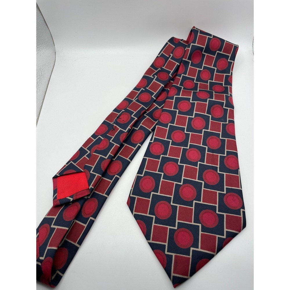 Yves Saint Laurent Paris Silk Tie Red Navy Geometric Squares Circles France